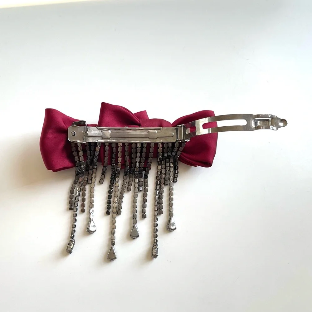 Free People NWOT Red Bow Black Rhinestone Dangle Charm Hair Clip Barrette